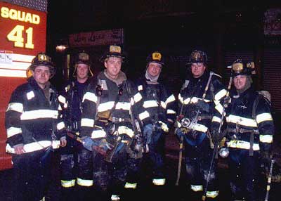 From l. to r. Firefighters Beltrani, Maxwell, Cullen, Cov. Lt. B. Walsh, Firefighters E. Walsh, and Gillespie.